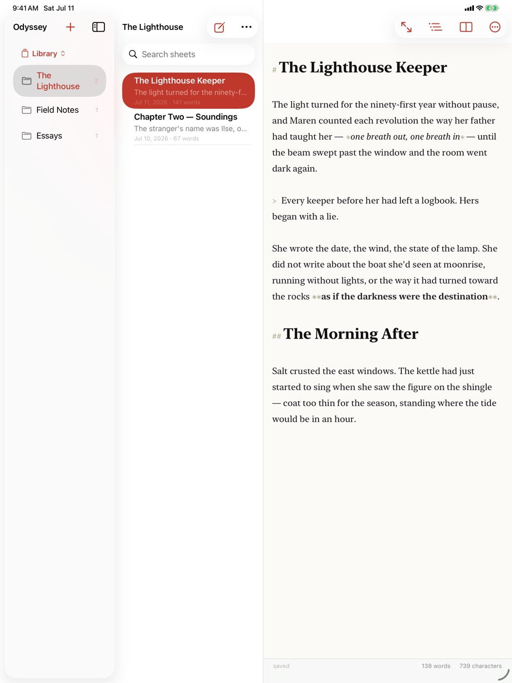 Odyssey on iPad: three-pane library with a novel chapter in a serif editor