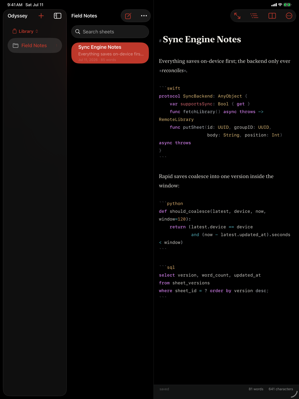 Odyssey dark mode with Swift, Python and SQL syntax highlighting