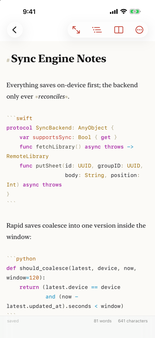 Odyssey on iPhone showing highlighted code blocks inside prose