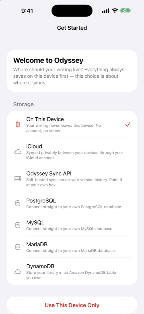 Odyssey first-launch storage picker